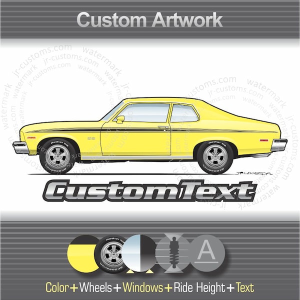 Custom 1973 73 74 1974 Chevy Nova Coupe 4 dr Sedan SS 350 Chevrolet Spirit of America Hatchback Art for T-Shirt hoodie mug long sleeve kids