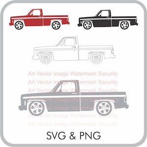May include: Vector graphic of a classic pickup truck in red, black, white outline, and gray. The image includes the text "SVG & PNG".