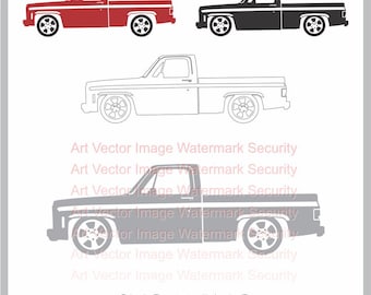Puede incluir: Gráfico vectorial de una camioneta clásica en rojo, negro, contorno blanco y gris. La imagen incluye el texto "SVG & PNG".