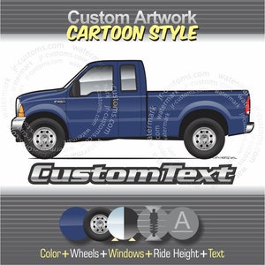 Custom cartoon 1999-07 2008-10 2011-16 2017-22 F-250 350 ford Supercab Crew Cab super duty Pickup Truck XLT 4x4 FX4 art for T-Shirt Mug Hat
