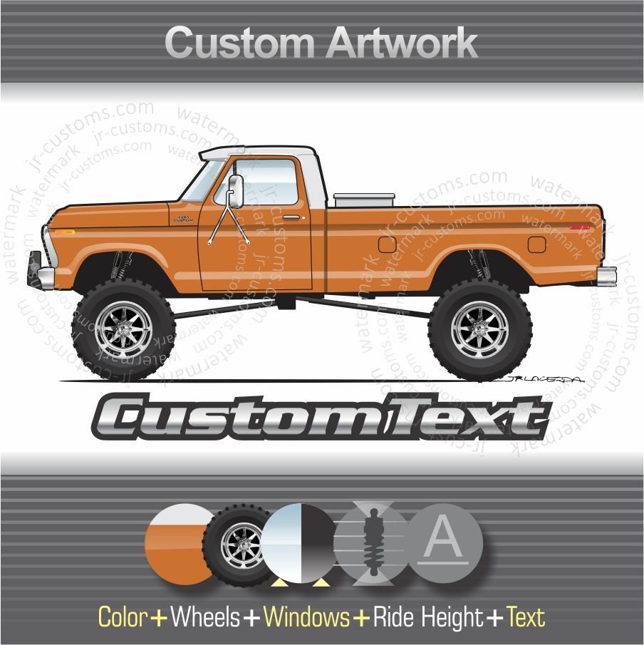 Custom 1977 77 F-100 150 250 350 4x4 302 360 390 V8 Ranger Explorer Pickup Truck flareside dentside ford art for T-Shirt Hoodie Mug Sticker