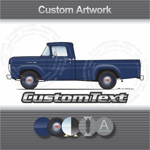 May include: A blue 1960s Ford pickup truck with a white cab and a black bed. The truck has a chrome bumper and a chrome grille. The truck is on a white background.