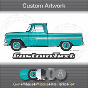May include: A teal blue 1960s Chevrolet pickup truck with a white stripe along the side. The truck has a silver bumper, black wheels, and a silver "CustomText" graphic on the side. The image also includes a color swatch, a wheel, a window, a suspension, and a letter "A".