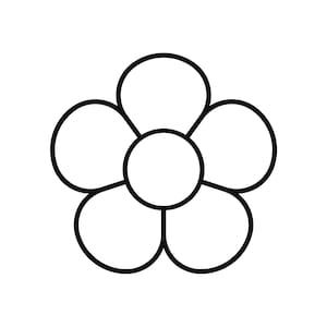 Könnte beinhalten: Eine Schwarz-Weiß-Illustration einer Blume. Die Blume hat fünf abgerundete Blütenblätter, die einen zentralen Kreis umgeben. Das Design ist mit dicken schwarzen Linien umrandet, was eine kühne und saubere Ästhetik erzeugt.