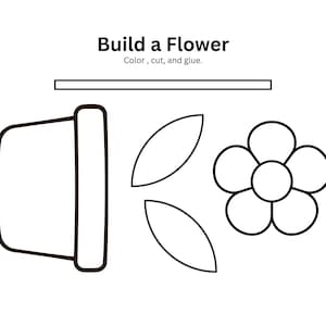 May include: A printable craft template for building a flower. The template includes a flower pot, flower petals, and a flower centre. Colour, cut, and glue the pieces together to create a flower.