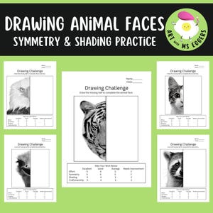May include: Black and white printable worksheets for drawing animal faces. Each worksheet has a line down the middle, with one half of an animal face drawn and the other half blank for students to draw. The worksheets include an eagle, tiger, cat, and raccoon.