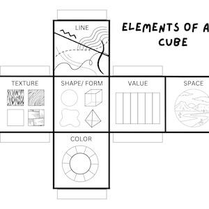 Könnte beinhalten: Ein schwarz-weißes Diagramm eines "Elemente der Kunst Würfels" mit sechs Seiten, die Linie, Textur, Form, Wert, Farbe und Raum veranschaulichen. Jede Seite zeigt Beispiele des Kunstelements. Der Text "ELEMENTS OF ART CUBE" ist in Schwarz geschrieben.