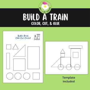 Pode incluir: Uma folha de trabalho imprimível para crianças construírem um trem cortando e colando formas geométricas. A folha de trabalho inclui um modelo de um trem e uma folha separada com formas para cortar, incluindo círculos, quadrados, retângulos e triângulos. O texto na folha de trabalho diz "Construa um trem Cor. Corte. Crie!" e "Modelo incluído".