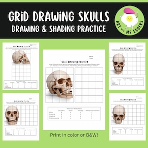 May include: Printable grid drawing worksheets featuring four different skull illustrations. Each worksheet includes a gridded skull image and a blank grid for students to copy the image. The worksheets are titled "Skull Drawing Practice" and include a section for students to rate their work.