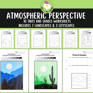 Op de afbeelding: Een set van 10 printbare werkbladen voor het onderwijzen van atmosferisch perspectief in de kunst. De werkbladen bevatten 7 landschaps- en 3 stadsscènes. De werkbladen zijn zwart-wit lijntekeningen met een kleurenkaart die leerlingen kunnen gebruiken om hun eigen atmosferische perspectiefschilderingen te maken.