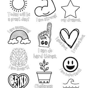 May include: Black and white printable affirmation cards with positive messages like "I am strong!" and "I can do hard things."