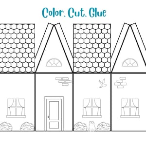 Puede incluir: Una plantilla de casa imprimible en blanco y negro con las palabras "Color, Cut, Glue" en la parte superior. La casa tiene un techo, ventanas, una puerta y un gato sentado frente a una de las ventanas.