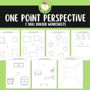 Puede incluir: Un conjunto de siete hojas de trabajo en blanco y negro para aprender la perspectiva de un punto. Las hojas de trabajo presentan formas geométricas, objetos domésticos y la palabra "ART" con puntos de fuga y líneas.