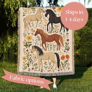 Horse Throw Blanket, Art Wildflower Equestrian Farmhouse Throw, Country Botanical Woven Plush Blanket, Home Decor Gift