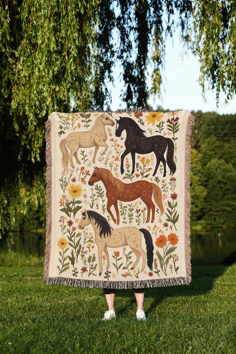 Horse Throw Blanket Folk Art Floral Autumn Wildflower Equestrian Farmhouse Country Botanical Woven Blanket Home Decor Gift