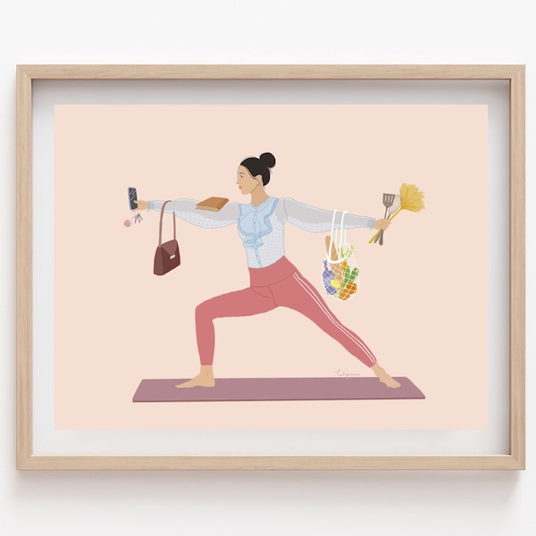 Multitasking Yoga Pose Krieger II, Balanceakt, Lustiger Kunstdruck, Muttertagsgeschenk