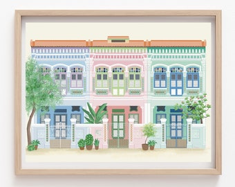 Singapore Shophouses Art Print, Joo Chiat Road, Peranakan Architecture, Pastel Colors, Giclee Print