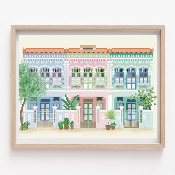 Peranakan shophouses in Singapore, Traditional heritage shophouses along Joo Chiat Road, Travel Art, Pastel Colors, Giclee Art Print