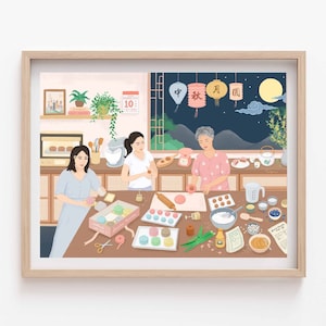 Mooncake Pastry Art, Baking Mooncakes Together, Mid-Autumn Festival, Giclee Art Print