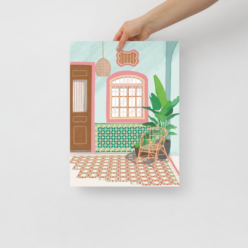 Traditional heritage shophouses in Malaysia /Singapore, Penang peranakan colorful tiles, Travel art print, Tropical dream destinations 12×16 inches