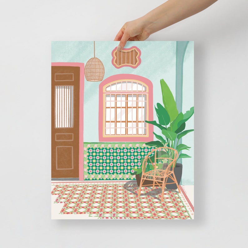 Traditional heritage shophouses in Malaysia /Singapore, Penang peranakan colorful tiles, Travel art print, Tropical dream destinations 16×20 inches