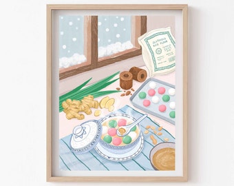 May include: A framed illustration of a bowl of tang yuan, a Chinese dessert made with glutinous rice balls, served in a bowl with a lid. The bowl is on a blue and white striped tablecloth. There are other ingredients for making tang yuan on the table, including ginger, peanuts, and glutinous rice flour.
