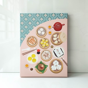 CANVAS - Dim Sum Art, Chinese Asian Food Illustration, Pastel Colors (Comes With Canvas Frame)