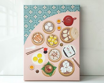May include: A pink and blue illustration of a variety of dim sum dishes, including dumplings, buns, and noodles. The dishes are arranged on a table with a teal and white patterned background.