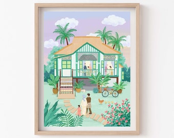 Eid Mubarak Kunst, Hari Raya Kunst, malaiisches traditionelles Holzhaus, Eid al-Fitr, Balik Kampung, Ramadan Kareem, Giclee Kunstdruck