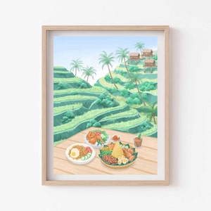 Könnte beinhalten: Eine gerahmte Illustration eines traditionellen indonesischen Essens, Nasi Kuning, das auf einem Holztisch mit Blick auf Reisfelder und traditionelle Häuser im Hintergrund serviert wird.