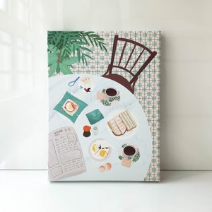 May include: A colourful illustration depicting a breakfast scene with a table setting, a chair, and a newspaper. The table features a plate of food, a cup of coffee, and a newspaper with the text "NEWS" in English and Chinese. The chair is brown and has a simple design. The illustration is drawn in a cartoon style with bright colours.