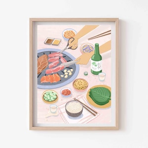 Arte de comida de barbacoa coreana, arte de comida asiática, Banchan, Soju, arte de cocina, Giclee Lámina artística