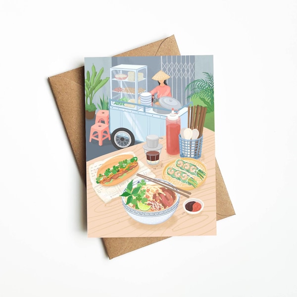 Vietnamese Street Food Scene Card, 5x7", Comes With White Or Brown Envelope