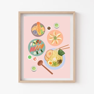 Japan Food Art l Ramen, Sushi, Gyoza, Tempura Art l Asian Food Print l Pastel Colors l Giclee Art Print