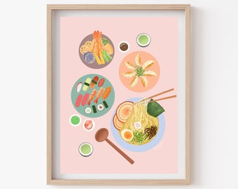 May include: Illustration of a variety of Japanese dishes, including ramen, sushi, tempura, and dumplings, arranged on a pink background. A wooden frame surrounds the artwork. Chopsticks and a wooden spoon are also included.