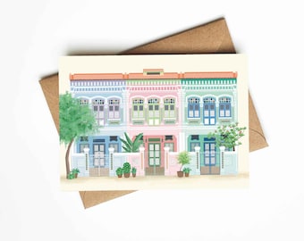 Pastel Peranakan Shophouses In Singapore Card, 5x7", Comes With White Or Brown Envelope