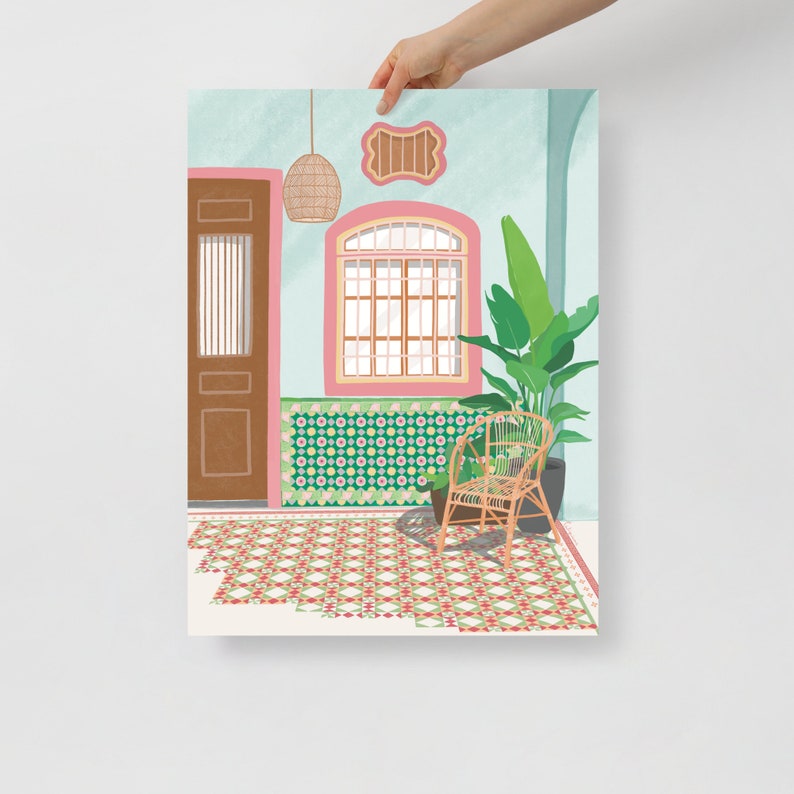 Traditional heritage shophouses in Malaysia /Singapore, Penang peranakan colorful tiles, Travel art print, Tropical dream destinations 18×24 inches