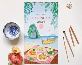 Calendrier gourmand asiatique 2024, calendrier mural 12 mois, grande taille 9,5 x 17,25" (presque A3), papier épais, 14 pages