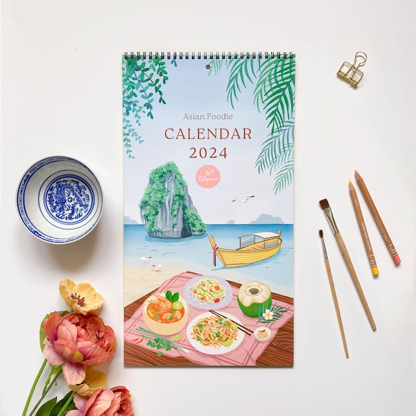 Asian Foodie Calendar 2024, 12 Month Wall Calendar, Large Size 9.5x17.25" (Nearly A3), Thick Paper, 14 pages