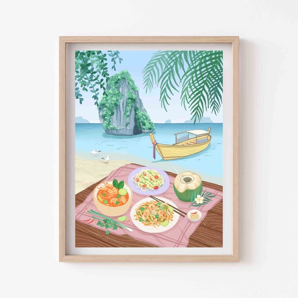 Thai Food by The Beach, Asian Food Art, Travel Thailand, Giclee Art Print