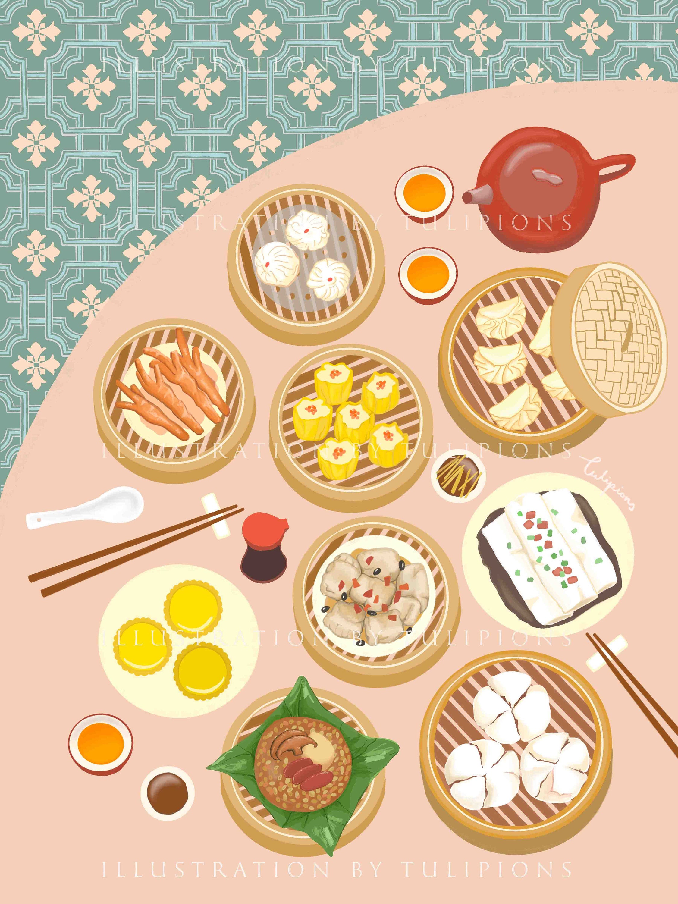Bao Har Gow Chinese cuisine Yum Cha Siu Mai Food Dumplings Art Print Illustrations Home Decor Chart Poster Dim Sum