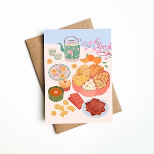 Nostalgic Chinese New Year Snacks, 5x7" Card, Comes With White Or Brown Envelope