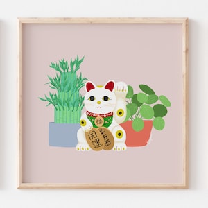 Lucky Cat, Lucky Bamboo and Chinese Money Plant, Maneki Neko, Giclee Art Print