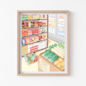 Asiatischer Lebensmittelladen, Supermarktgang, asiatische Zutaten, Snacks aus der Kindheit, Giclée-Kunstdruck