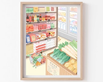 May include: A colorful illustration of a small grocery store with shelves stocked with various products, including canned goods, snacks, and beverages. A basket filled with fresh produce sits in front of a wooden crate labeled "Fresh" with a variety of vegetables, including bok choy, radishes, and yellow beans.