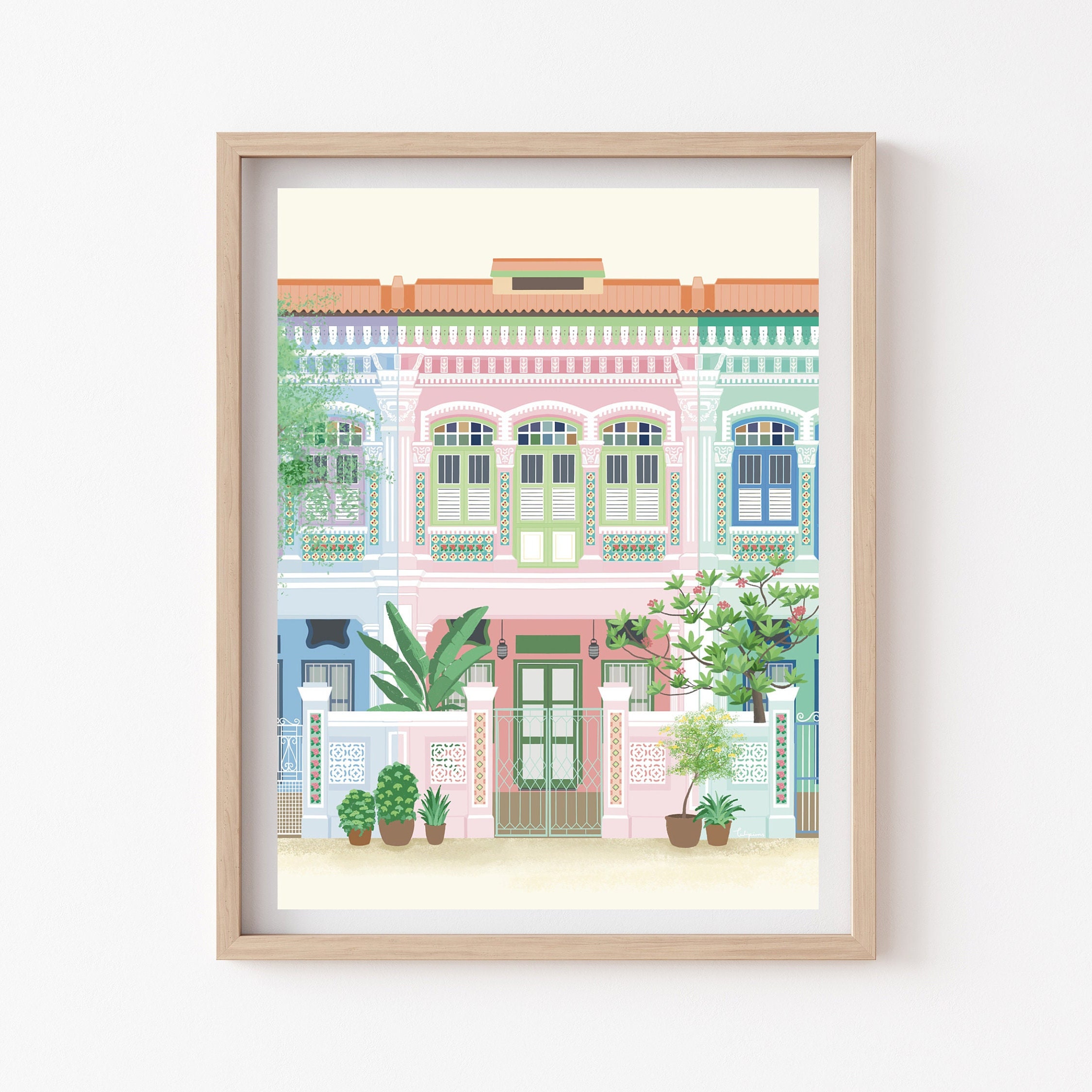 Peranakan shophouses in Singapore, Traditional heritage shophouses, Travel Art, Pastel Colors, Giclee Art Print, PORTRAIT format