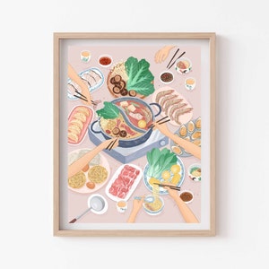 Peut inclure: Une illustration colorée d'un groupe de personnes réunies autour d'une fondue chinoise, savourant un repas ensemble. La fondue chinoise est remplie de divers ingrédients, dont de la viande, des légumes et des nouilles. La table est également dressée avec d'autres plats, tels que des crevettes, des boulettes et du maïs.