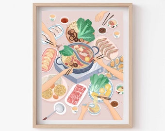 May include: A colorful illustration of a group of people gathered around a hot pot, enjoying a meal together. The hot pot is filled with various ingredients, including meat, vegetables, and noodles. The table is also set with other dishes, such as shrimp, dumplings, and corn.