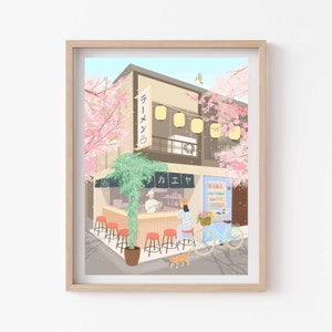 Ramen Shop in Japan, Kirschblüten, Japan Reise, Sakura Blumen, Verkaufsautomat, Wanddeko, Pastellfarben, Giclee Kunstdruck