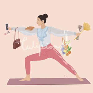 May include: A woman in a blue blouse and pink pants is doing a yoga pose while holding a phone, a book, a purse, a bag of groceries, a spatula, and a broom. She is standing on a purple yoga mat.